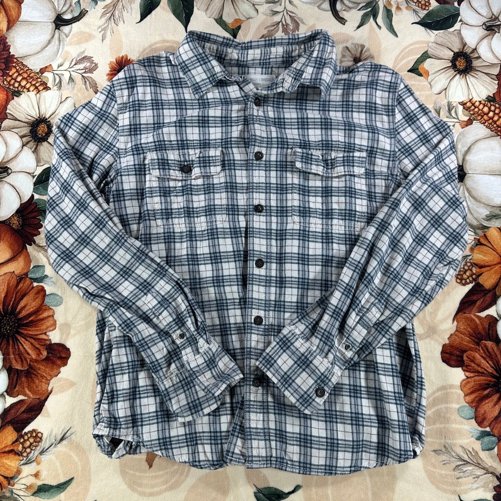 Y2K Aeropostale Mens Plaid Flannel Button Down Two Pocket White Navy Size Large